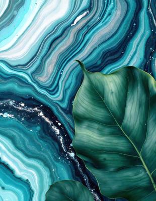 The primary subject of the image is a leaf, which is the main object, scene, or focus of the image. The leaf is placed on a blue and green background, which is the setting or backdrop of the image. The visual style of the image is a photo, as it captures the leaf in its natural environment. The colors and mood of the image are predominantly blue and green, creating a serene and calming atmosphere.
