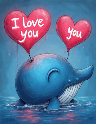 The primary subject of the image is a blue whale with a smile on its face. The whale is surrounded by hearts, which are floating in the water. The setting is a blue ocean, and the visual style is a digital art illustration. The dominant colors are blue and pink, creating a warm and friendly atmosphere.