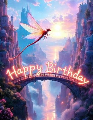 Happy Birthday: [The main object, scene, or focus of the image is a dragon or a fairy, depending on the interpretation, flying over a bridge with a "Happy Birthday" message.]

Setting/background: [The environment, backdrop, or surface visible in the image is a bridge with a castle in the background.]

Visual style: [The image is a digital art or illustration, featuring a dragon or a fairy flying over a bridge with a "Happy Birth