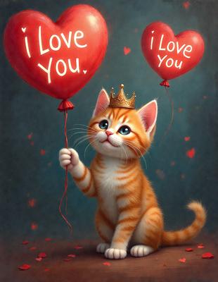 The primary subject of the image is a cute orange and white cat. The cat is holding a red balloon in its paws and is wearing a crown. The setting is a dark background, which adds a dramatic effect to the scene. The visual style is a digital art illustration, creating a whimsical and playful atmosphere. The dominant colors are red and orange, which are associated with love and warmth.