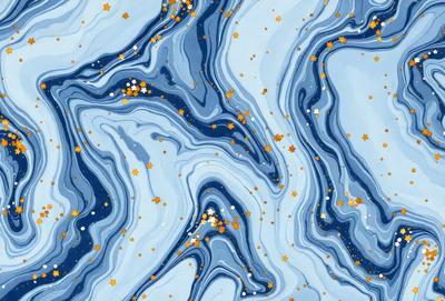 The primary subject of the image is a blue and white swirling pattern with gold stars. The setting is a blue background, and the visual style appears to be a digital art or illustration. The dominant colors are blue, white, and gold, creating a calming and serene atmosphere.