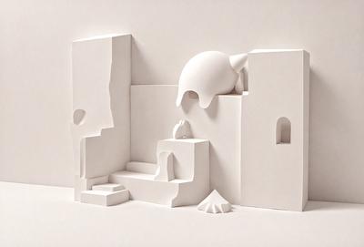 The primary subject of the image is a white sculpture of a building, which appears to be a model or a piece of art. The setting is a white background, which provides a clean and minimalist appearance. The visual style is a combination of digital art and illustration, as the building is depicted in a three-dimensional manner. The colors and mood of the image are predominantly white, giving it a clean and modern feel.