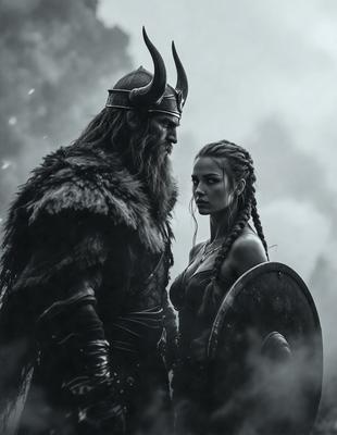 Primary subject: A man and a woman in a dark, moody setting.

Setting/background: The man and woman are standing in front of a mountain, with a dark, foggy sky in the background.

Visual style: The image is a digital art or illustration, featuring a man and a woman in a dark, moody setting.

Colors and mood: The image has a dark and moody atmosphere, with the man and woman standing in front of a mountain in a foggy, dark sky