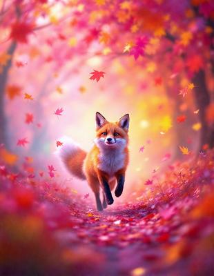 Primary subject: A red fox running through a forest.

Setting/background: The forest is filled with trees and has a pinkish hue, possibly due to the time of day or the lighting.

Visual style: The image is a digital artwork, featuring a fox in motion.

Colors and mood: The dominant colors are red and pink, creating a warm and vibrant atmosphere. The scene conveys a sense of energy and movement as the fox runs through the forest