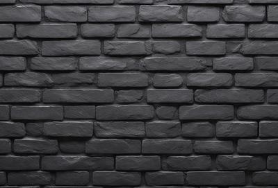The primary subject of the image is a black brick wall. The setting is a dark room, and the visual style is a close-up of the brick wall. The dominant colors are black and grey, creating a moody atmosphere.