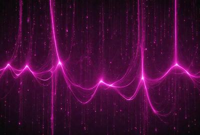 The primary subject of the image is a purple background with a pattern of pink and purple lines. The setting is a dark room, and the visual style appears to be a digital art or illustration. The dominant colors and overall atmosphere are a mix of purple and pink, creating a visually striking and somewhat mysterious scene.