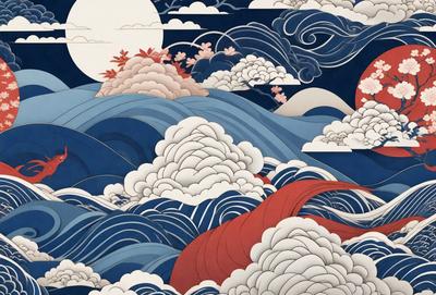 The primary subject of the image is a large wave with a cloudy sky in the background. The setting appears to be a painting or illustration, as it is not a photo or a digital art piece. The visual style is artistic, with the wave and clouds depicted in a detailed and intricate manner. The colors and mood of the image are predominantly blue and cloudy, creating a sense of depth and atmosphere.