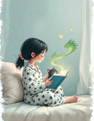 The primary subject of the image is a young girl sitting on a bed, reading a book. The setting is a cozy bedroom, with a bed visible in the background. The visual style is a combination of digital art and illustration, creating a whimsical and imaginative atmosphere. The colors are predominantly pastel shades, giving the scene a warm and inviting feel.