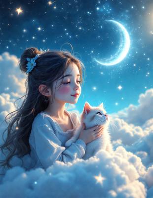 The primary subject of the image is a young girl holding a white cat. The setting is a cloudy night sky, with the girl and the cat being the main focus of the scene. The visual style is a digital art illustration, creating a whimsical and dreamy atmosphere. The dominant colors are blue and white, which contribute to the overall mood of the image.
