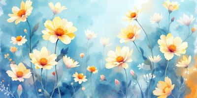 The primary subject of the image is a field of flowers, with a variety of different colored flowers, including white, yellow, and orange. The setting is a blue sky, which serves as a beautiful backdrop for the flowers. The visual style of the image is a watercolor painting, giving it a vibrant and lively appearance. The colors and mood of the painting are bright and cheerful, with the flowers adding a sense of warmth and beauty to the scene.