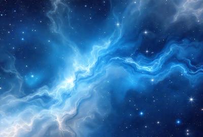The primary subject of the image is a blue and purple nebula, which is a swirling mass of gas and dust in space. The setting is a dark, star-filled sky, with the nebula as the main focus. The visual style is a digital art or illustration, creating a vibrant and colorful scene. The dominant colors are blue and purple, giving the image a serene and celestial atmosphere.