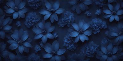 The primary subject of the image is a close-up of a blue flower, which is part of a larger blue flower pattern. The setting is a dark blue background, which contrasts with the bright blue flowers. The visual style is a digital art or illustration, as the flowers are depicted in a detailed and realistic manner. The dominant colors are blue, creating a calm and serene atmosphere.