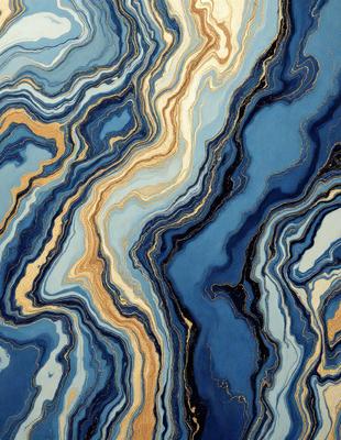 The primary subject of the image is a blue and gold marbled stone. The setting is a close-up of the stone, showcasing its intricate and colorful patterns. The visual style is a detailed and realistic representation of the stone, capturing its unique texture and design. The colors and mood of the image are vibrant and lively, with the blue and gold hues creating a sense of depth and richness.