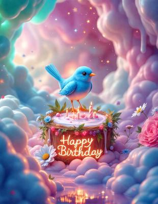 The primary subject of the image is a blue bird sitting on a cake with lit candles. The bird is perched on top of the cake, which is placed on a cloudy surface. The setting appears to be a whimsical and imaginative environment, possibly a fantasy world or a surreal art piece. The visual style of the image is a combination of digital art and illustration, creating a vibrant and colorful scene. The dominant colors in the image are pink, blue, and white, giving