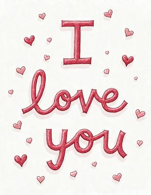 The primary subject of the image is a heart-shaped sign that reads "I Love You." The setting is a white background, and the visual style is a combination of digital art and illustration. The colors are predominantly red and pink, creating a warm and affectionate atmosphere.