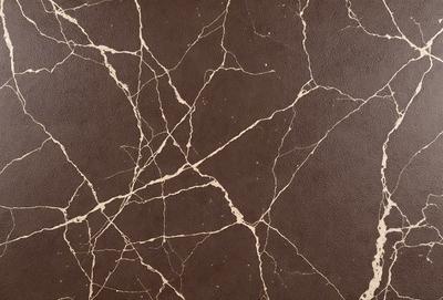 The primary subject of the image is a close-up of a marble wall with a brown and white pattern. The setting is a room with a brown leather wall, which adds a warm and luxurious touch to the space. The visual style is a realistic representation of the marble wall, showcasing its natural texture and patterns. The colors and mood of the image are warm and inviting, with the brown leather wall complementing the brown and white marble pattern.