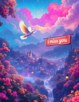 Primary subject: A white bird flying over a city with a red sign that says "I miss you."

Setting/background: The city is surrounded by a forest, and there are mountains in the background.

Visual style: The image is a digital art or illustration.

Colors and mood: The image has a warm and romantic atmosphere, with the red sign and the white bird creating a sense of longing and love.