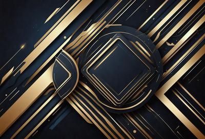 The primary subject of the image is a gold and black geometric design. The setting is a black background, and the visual style appears to be a digital art or illustration. The dominant colors are gold and black, creating a bold and striking appearance. The overall atmosphere of the image is modern and sophisticated.