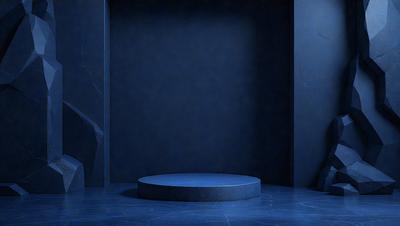 The primary subject of the image is a blue wall with a blue circle on it. The setting is a room with a blue floor, and the visual style appears to be a digital art or illustration. The dominant colors in the image are blue, creating a calm and serene atmosphere.