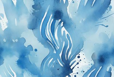 The primary subject of the image is a blue and white painting of a waterfall. The setting is a blue background, and the visual style appears to be a digital art or illustration. The dominant colors are blue and white, creating a serene and calming atmosphere.
