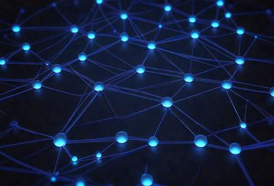 The primary subject of the image is a blue light pattern, which appears to be a digital art or illustration. The setting is a dark background, and the visual style is a combination of a photo and a digital artwork. The colors and mood of the image are predominantly blue, creating a calm and serene atmosphere.