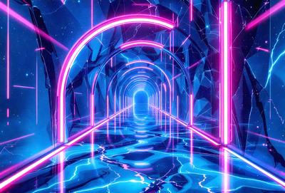 The primary subject of the image is a long, narrow, blue tunnel with a pink lighting effect. The tunnel appears to be made of glass, and it has a futuristic, neon-lit atmosphere. The setting is a dark, blue-lit environment, which contrasts with the bright pink lighting in the tunnel. The visual style of the image is a combination of digital art and illustration, creating a unique and captivating scene. The colors and mood of the image are predominantly blue and p