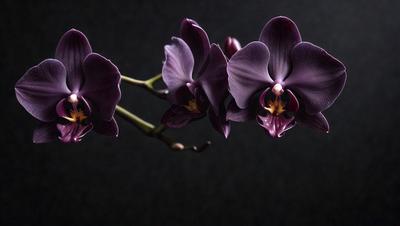 The primary subject of the image is a bouquet of purple orchids. The orchids are arranged in a vase, and they are displayed against a dark background. The visual style of the image is a photo, capturing the beauty of the orchids in their natural setting. The colors and mood of the image are predominantly dark, with the purple orchids being the main focus and source of color.