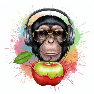 The primary subject of the image is a monkey wearing glasses and headphones, with an apple in its mouth. The monkey is the central focus of the scene. The setting is a colorful background, which adds a vibrant and lively atmosphere to the image. The visual style is a combination of digital art and illustration, creating a unique and creative representation of the monkey. The colors and mood of the image are predominantly bright and cheerful, with the monkey's glasses and