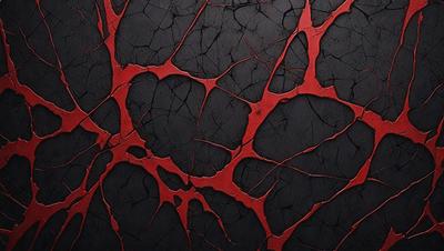 The primary subject of the image is a close-up of a black and red wall with a pattern of red and black drips. The setting is a dark room, and the visual style appears to be a combination of a photo and digital art. The dominant colors are red and black, creating a bold and striking atmosphere.