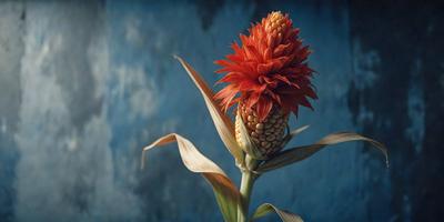 The primary subject of the image is a large, vibrant red flower with a yellow center, sitting on top of a green stalk. The setting is a blue wall, which serves as the background for the flower. The visual style of the image is a close-up, focusing on the flower and its details. The dominant colors in the image are red and green, creating a bold and lively atmosphere.