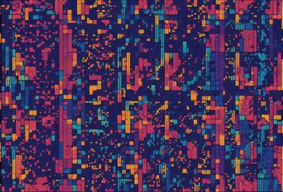 The primary subject of the image is a colorful, abstract pattern. The setting is a blue background, and the visual style appears to be a combination of digital art and illustration. The colors and mood of the image are vibrant and lively, with a mix of blue, orange, and yellow hues.