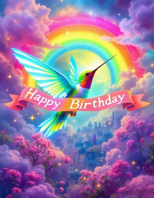 The primary subject of the image is a colorful bird, possibly a hummingbird, flying in front of a city skyline. The bird is surrounded by a vibrant and lively atmosphere, with pink and purple colors dominating the scene. The setting is a cityscape, with tall buildings and a cloudy sky visible in the background. The visual style of the image is a combination of digital art and illustration, creating a whimsical and imaginative scene.