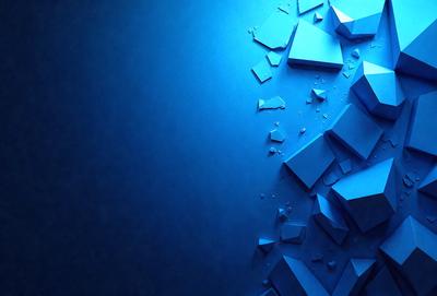 The primary subject of the image is a blue wall with a pattern of blue and white blocks. The setting is a dark room, and the visual style appears to be a digital art or illustration. The dominant colors are blue and white, creating a calm and soothing atmosphere.