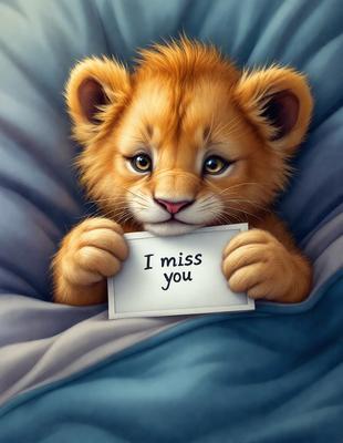 The primary subject of the image is a cute, cartoon-like lion cub holding a sign that says "I miss you." The setting is a bed, with a blue blanket visible in the background. The visual style is a digital art or illustration, creating a warm and comforting atmosphere.