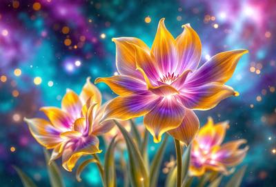 The primary subject of the image is a beautiful flower, which is the main focus of the scene. The flower is situated in a vibrant blue background, which adds to the overall atmosphere of the image. The visual style of the image is a combination of photo and digital art, creating a stunning and realistic representation of the flower. The colors and mood of the image are predominantly purple and blue, giving the scene a serene and calming feel.