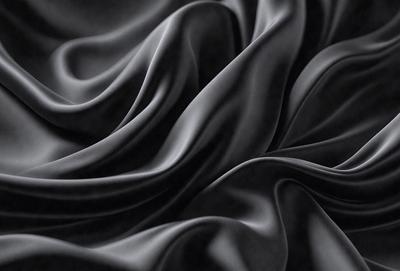 The primary subject of the image is a close-up of a black fabric, possibly a piece of clothing or a curtain. The setting is a dark room, and the visual style appears to be a photo. The colors and mood of the image are predominantly dark and moody, with the black fabric being the main focus.