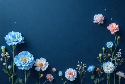 The primary subject of the image is a beautiful arrangement of flowers. The flowers are arranged in a row, with each flower being different in color and size. The setting is a blue wall, which serves as a stunning backdrop for the flowers. The visual style of the image is a combination of photo and digital art, creating a vibrant and lively atmosphere. The dominant colors in the image are blue, pink, yellow, and white, which contribute to the overall mood of the scene.