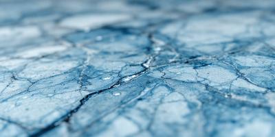 The primary subject of the image is a blue surface with a cracked and rough texture. The setting appears to be a blue-tinted room or a blue-tinted photograph. The visual style is a close-up of the blue surface, showcasing its unique texture. The colors and mood of the image are predominantly blue, creating a calm and serene atmosphere.