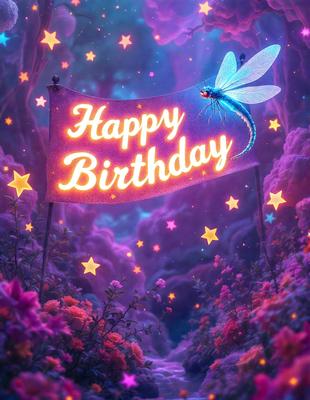 Happy Birthday: [The main object, scene, or focus of the image is a sign that reads "Happy Birthday."]

Purple background: [The environment, backdrop, or surface visible is a purple background.]

Digital art: [The visual style of the image is digital art.]

Colorful and vibrant: [The dominant colors and overall atmosphere of the image are colorful and vibrant.]