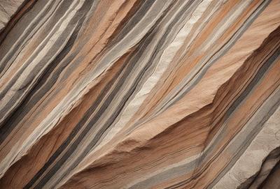 The primary subject of the image is a large, multi-colored rock formation. The setting is a mountainous area with a rocky surface. The visual style is a combination of photo and digital art, creating a unique and intricate pattern. The dominant colors are brown, red, and white, giving the scene a natural and earthy atmosphere.