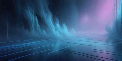 The primary subject of the image is a futuristic, blue-lit environment with a purple background. The setting appears to be a space or a futuristic cityscape. The visual style is a combination of digital art and illustration, creating a unique and captivating atmosphere. The dominant colors are blue and purple, which contribute to the futuristic and otherworldly mood of the scene.