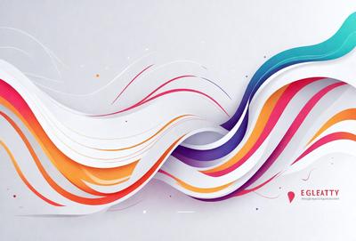 The primary subject of the image is a colorful, abstract design featuring a wave-like pattern. The setting is a white background, which provides a clean and minimalist appearance. The visual style is a combination of digital art and illustration, creating a vibrant and dynamic scene. The dominant colors in the image are orange, purple, and yellow, which contribute to a lively and energetic atmosphere.