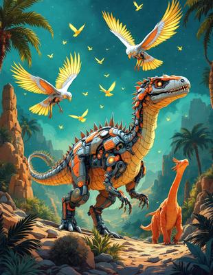 The primary subject of the image is a large robotic dinosaur, which is the main focus of the scene. The robotic dinosaur is standing on a dirt ground, surrounded by a lush green forest. The visual style of the image is a combination of digital art and illustration, creating a unique and intriguing scene. The colors in the image are predominantly green and orange, giving the scene a vibrant and lively atmosphere.