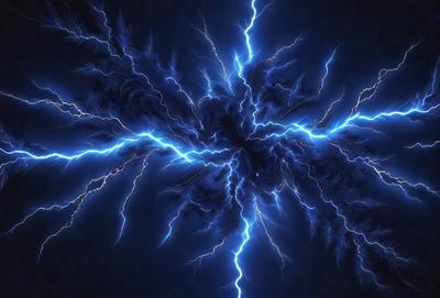 The primary subject of the image is a bright blue lightning bolt, which is the main object, scene, or focus of the image. The setting is a dark blue background, which creates a contrasting and dramatic atmosphere. The visual style is a digital art or illustration, as the lightning bolt is depicted in a detailed and artistic manner. The colors and mood of the image are predominantly dark and dramatic, with the bright blue lightning bolt standing out against the dark blue background.