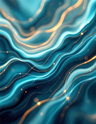 The primary subject of the image is a blue and gold ocean wave. The setting is a blue ocean with a golden glow, creating a serene and calming atmosphere. The visual style is a combination of photo and digital art, with the blue and gold colors creating a vibrant and luminous effect. The overall mood of the image is one of tranquility and beauty.