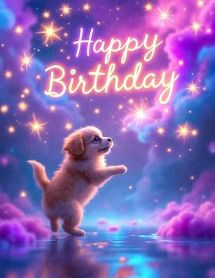 The image features a small dog standing on a cloud, with a birthday message written above it. The dog appears to be looking up at a star, which is part of the birthday celebration. The scene is set in a purple and pink sky, giving it a festive and joyful atmosphere. The visual style of the image is a combination of digital art and illustration, creating a whimsical and imaginative scene.