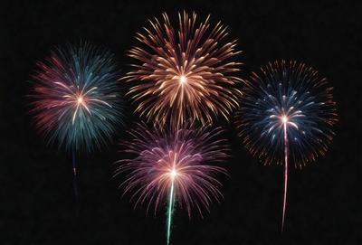 The primary subject of the image is a firework display, with three fireworks in the foreground and one in the background. The fireworks are colorful and create a vibrant and lively atmosphere. The setting is a dark night, with the fireworks being the main focus of the scene. The visual style is a photo, capturing the beauty and excitement of the firework display.