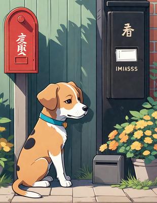 The primary subject of the image is a brown and white dog sitting on the ground in front of a mailbox. The setting is an outdoor environment with a brick wall visible in the background. The visual style is an illustration or a drawing, giving the image a more artistic and creative appearance. The colors are predominantly brown and white, with some yellow accents from the flowers in the background. The overall atmosphere of the image is calm and peaceful, as the dog appears to be waiting patiently for its mail.