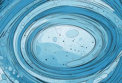 The primary subject of the image is a blue, swirling, and bubbling ocean. The setting is underwater, with the ocean's surface visible. The visual style is a digital art or illustration, creating a dynamic and vibrant atmosphere. The dominant colors are blue and white, with the blue ocean and white bubbles creating a sense of depth and movement.