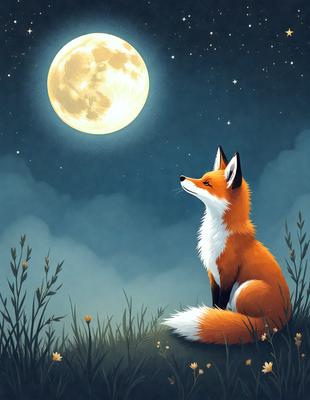 The primary subject of the image is a fox sitting in a grassy field at night. The setting is a dark, grassy area with a moon in the background, creating a serene and peaceful atmosphere. The visual style is a digital art or illustration, with the fox being the main focus of the scene. The colors are predominantly dark, with the fox being the only bright spot in the image.